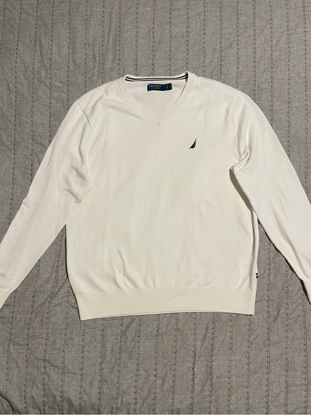 Nautica Men's Cream V-Neck Sweater with Navy Sail Logo